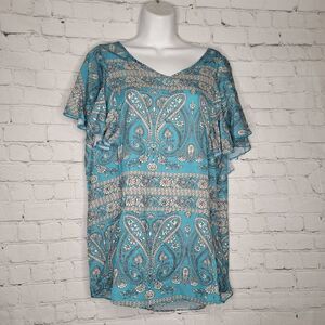 Women's Short Ruffle Sleeve Mandala Top 2XL‎